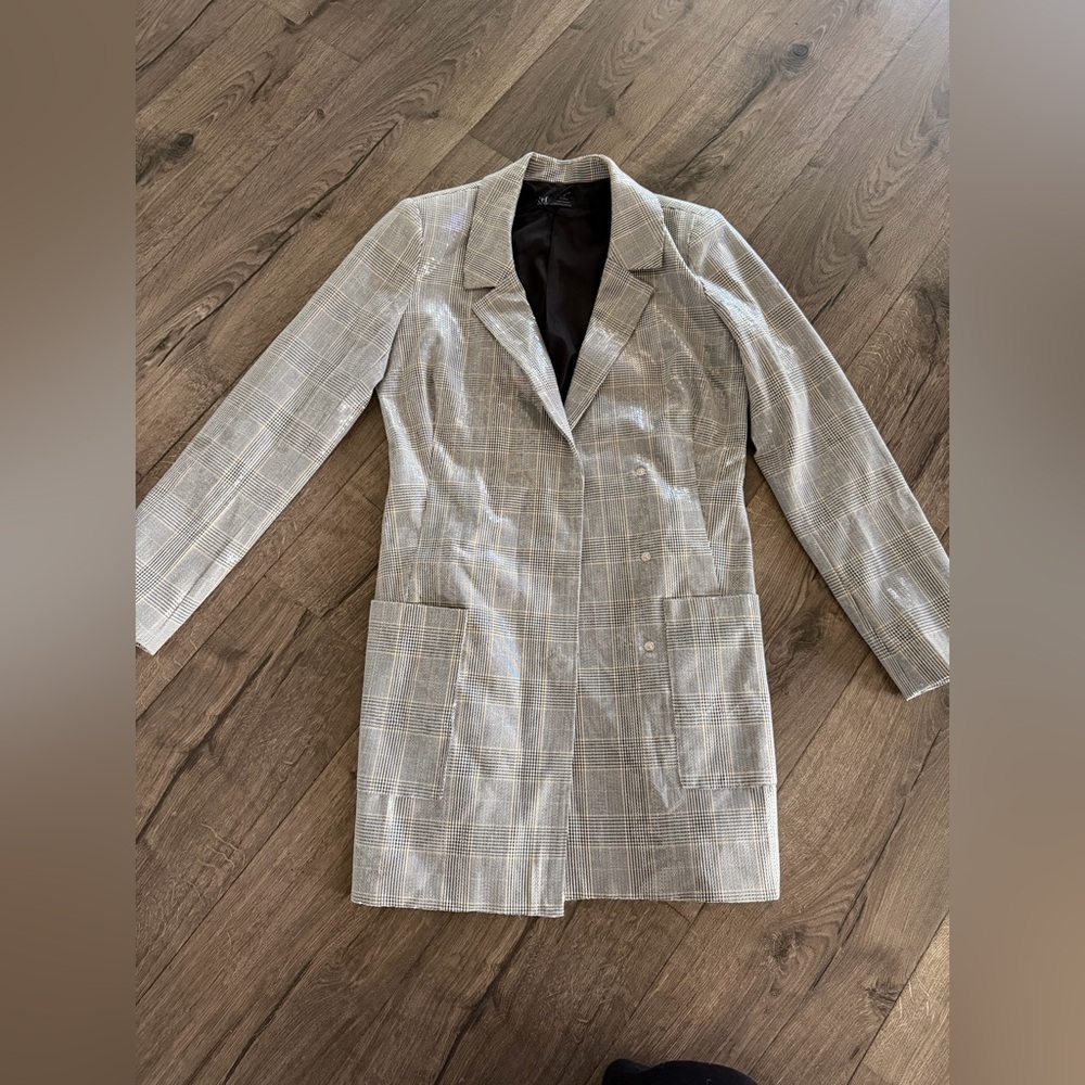 TRF Zara Sequins Plaid Blazer Mini Dress Size Small  Gray Collared